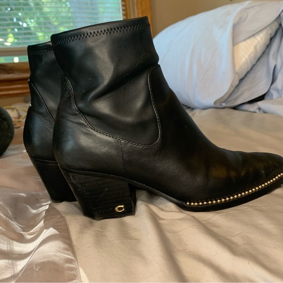 Coach black leather pell bootie w gold trim detail | size 8 - Picture 5 of 8